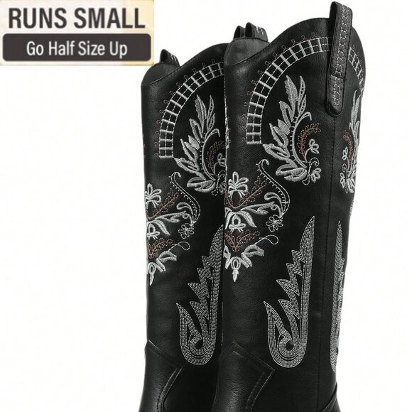 Black Western Women's Cowgirl Boots Pointed Toe Embroidered Thick Heels Knee Hig - Picture 6 of 7